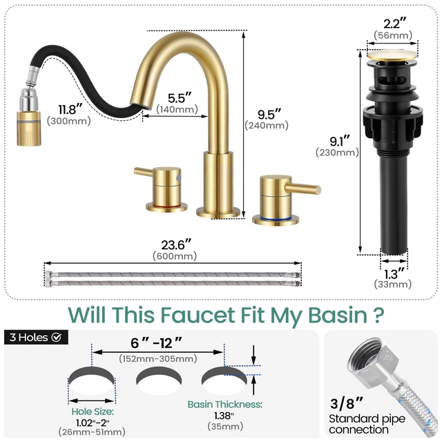 Alt view image 7 of 7 - Brushed Gold Bathroom Sink Faucet 3 Hole with Pull Down Sprayer Lead-free stainless steel, pop-up drain, 2-handle, 360°swivel, 8-inch widespread Faucet for RV/vanity sink, 3-hole mount