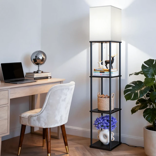 Alt view image 3 of 7 - 2-Pack Floor Lamp with Shelves, 3-Tier Square Bookshelf Standing Lamp 3 Color Temperature Bulb Included, Pull Chain Square Tall Lamp for Living Room Bedroom Corner Office Apartment Decor