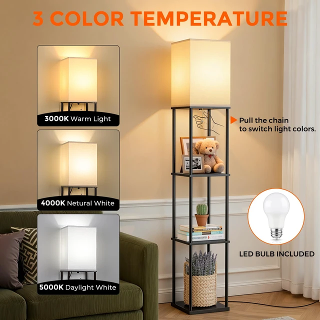 Alt view image 4 of 7 - 2-Pack Floor Lamp with Shelves, 3-Tier Square Bookshelf Standing Lamp 3 Color Temperature Bulb Included, Pull Chain Square Tall Lamp for Living Room Bedroom Corner Office Apartment Decor