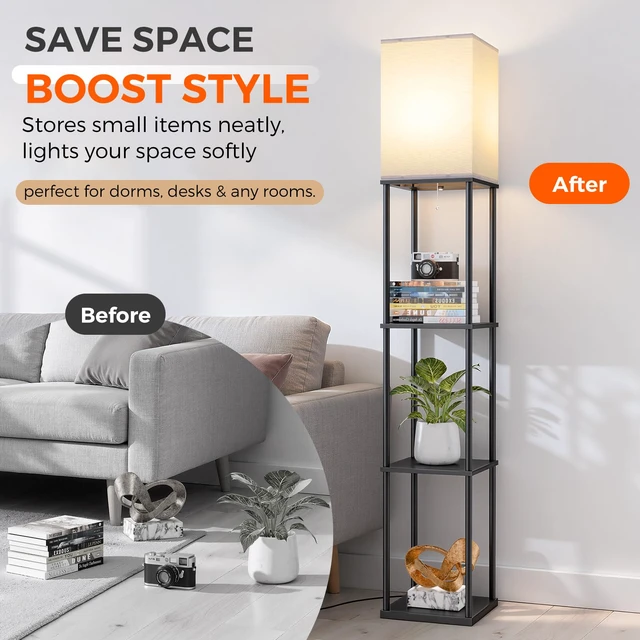 Alt view image 7 of 7 - 2-Pack Floor Lamp with Shelves, 3-Tier Square Bookshelf Standing Lamp 3 Color Temperature Bulb Included, Pull Chain Square Tall Lamp for Living Room Bedroom Corner Office Apartment Decor