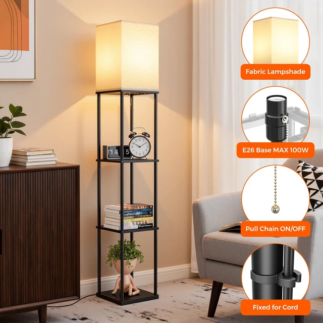 Alt view image 6 of 7 - 2-Pack Floor Lamp with Shelves, 3-Tier Square Bookshelf Standing Lamp 3 Color Temperature Bulb Included, Pull Chain Square Tall Lamp for Living Room Bedroom Corner Office Apartment Decor