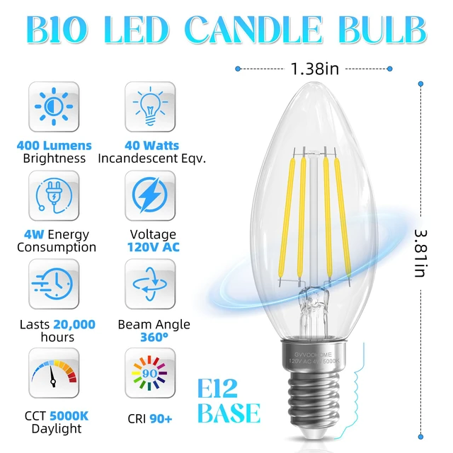 Alt view image 2 of 7 - E12 LED Bulb, Chandelier Light Bulbs, Candle Bulb, 5000K Daylight 48 Pack, 5000K Daylight Candelabra Light Bulbs, Non-Dimmable LED E12 B10 Bulb, 40 watt Equivalent, 90+CRI, 400LM, Clear Glass