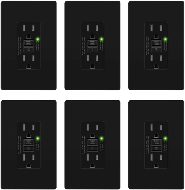 Main image of GFCI Outlet 15Amp, GFCI Receptacle, ETL Listed, Matte Black, 6-Pack Tamper-Resistant Receptacle, LED Indicator, Screwless Wall Plate,Thermoplastic, No-False-Trip, Matte Black
