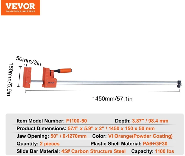 Alt view image 7 of 7 - Bar Clamps for Woodworking, 2-Pack 50" Parallel Clamp Set, F Clamp with 1100 lbs Load Limit, Even Pressure, High-strength Plastic and Carbon Steel, Wood clamps for Woodworking Metal Working