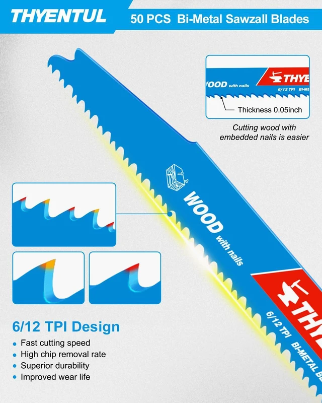 Alt view image 2 of 7 - 50 Pack 9 in Stud and Nail Saw Blades,Demo Demon Bi-Metal Demolition Reciprocating Saw Blade for Nail-Embedded Wood Cutting, Garden Pruning, Tree Trimming6/12TPI