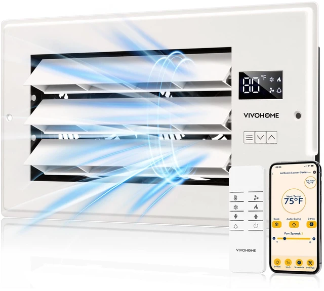Main image of Register Booster Fan - 6'' x 12'' Opening with Adjustable Louver Smart Thermostat & 10-Speed WIFI App Control - AC Vent Fan for Floor, Ceiling, Wall - Quiet Operation (White)