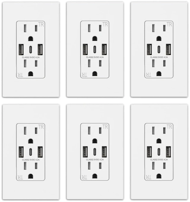 Main image of USB-C Wall Outlets - 3-Port Matte White 15Amp Outlets with USB, Tamper-Resistant, Screwless Wall Plate, UL & CUL Listed - 6 Pack