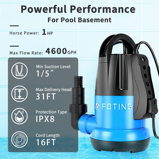 Alt view image 3 of 6 - Sump Pump 1HP Clean/Dirty Submersible Water Pump,4600GPH Utility Pump Thermoplastic Electric Portable Transfer Water Pump for Swimming Pool Pond Basement with 10ft Power Cord,Auto