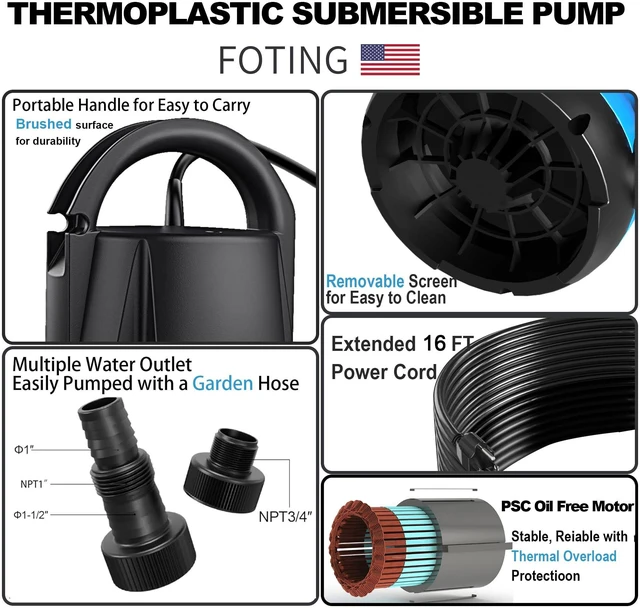 Alt view image 5 of 6 - Sump Pump 1HP Clean/Dirty Submersible Water Pump,4600GPH Utility Pump Thermoplastic Electric Portable Transfer Water Pump for Swimming Pool Pond Basement with 10ft Power Cord,Auto