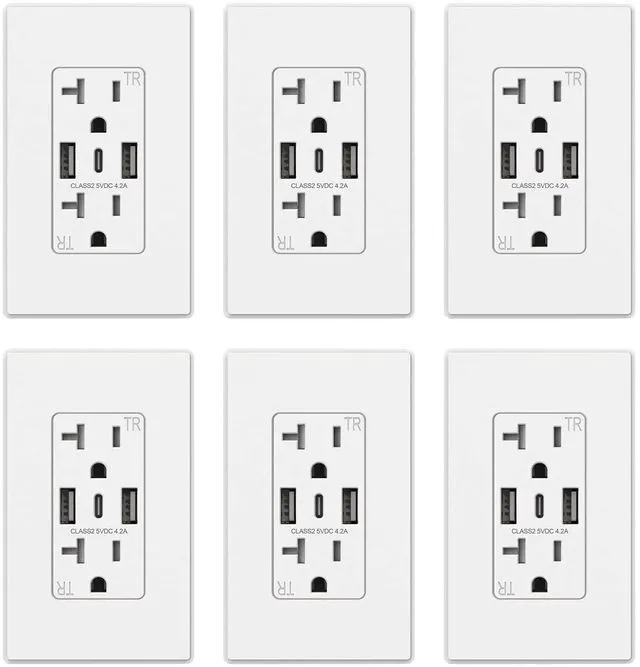 Main image of USB Wall Outlet, 3-Port Dual Type C and Type A, 20 Amp, Receptacle for iPhone, iPad, Samsung, Google, LG, HTC, Android Devices and More, UL Listed, w/Wall Plate, 6 Pack, White