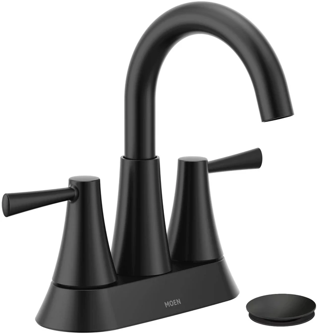 Main image of Ronan Matte Black Two-Handle 4" Centerset Modern Bathroom Faucet with Push-Down Drain, 84022BL