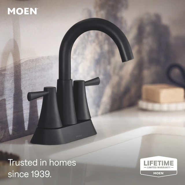 Alt view image 2 of 7 - Ronan Matte Black Two-Handle 4" Centerset Modern Bathroom Faucet with Push-Down Drain, 84022BL