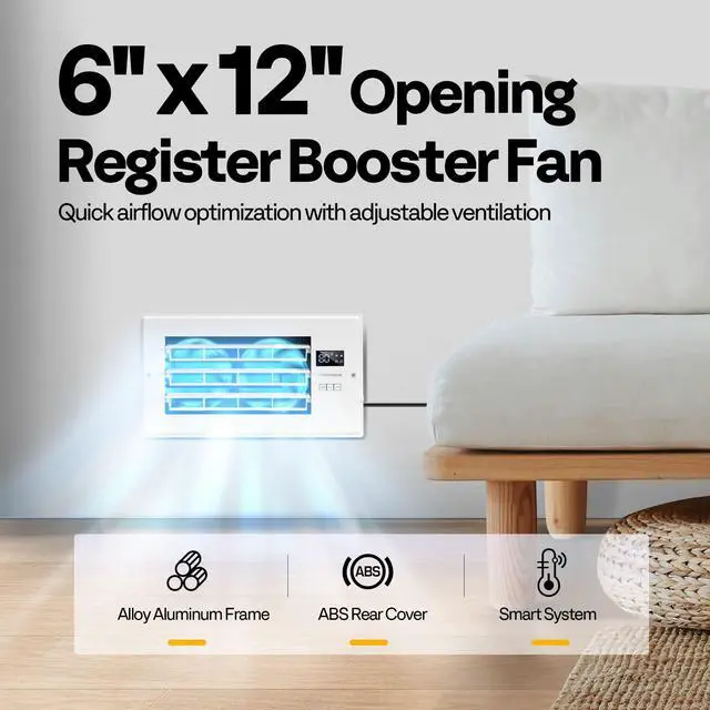 Alt view image 7 of 7 - Register Booster Fan - 6'' x 12'' Opening with Adjustable Louver Smart Thermostat & 10-Speed Remote Control - AC Vent Fan for Floor, Ceiling, Wall - Quiet Operation (White)