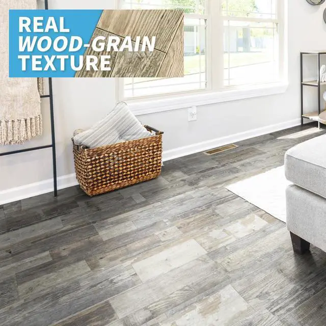 Alt view image 3 of 7 - 36-Pack Wood Texture Peel and Stick Vinyl Flooring Tiles, Aged Wood 18 & 54 sq.ft Options, Rigid Surface Hard Core, Waterproof, Self-Adhesive, Impact Resistant, Fit Indoor Household Spaces