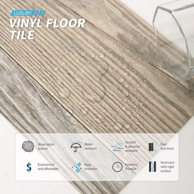 Alt view image 5 of 7 - 36-Pack Wood Texture Peel and Stick Vinyl Flooring Tiles, Aged Wood 18 & 54 sq.ft Options, Rigid Surface Hard Core, Waterproof, Self-Adhesive, Impact Resistant, Fit Indoor Household Spaces