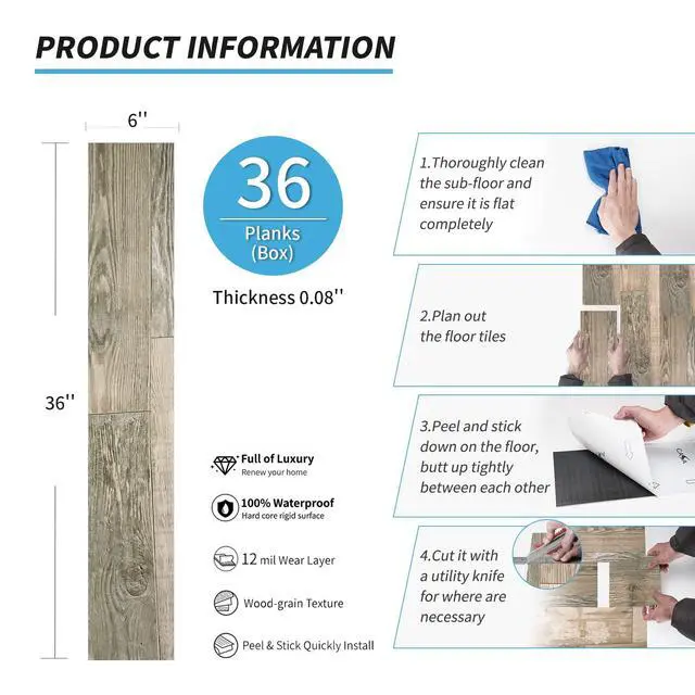 Alt view image 7 of 7 - 36-Pack Wood Texture Peel and Stick Vinyl Flooring Tiles, Aged Wood 18 & 54 sq.ft Options, Rigid Surface Hard Core, Waterproof, Self-Adhesive, Impact Resistant, Fit Indoor Household Spaces