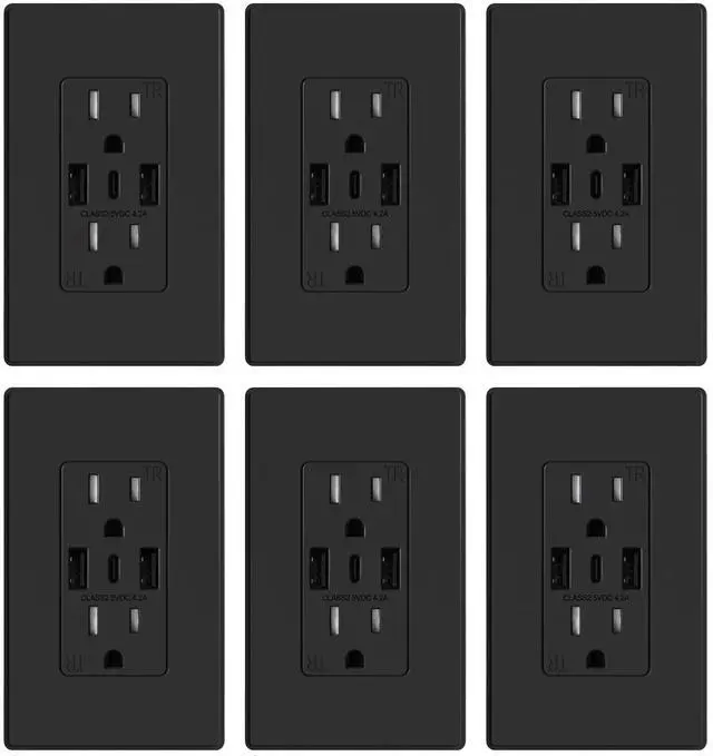 Main image of USB Wall Outlets, 3-Ports USB C Wall Outlets Receptacles, Matte Black 15 Amp Outlets with Type-A&C, TR Tamper-Resistant Outlets, Screwless Wall Plate Included, UL & CUL Listed, 6 Pack