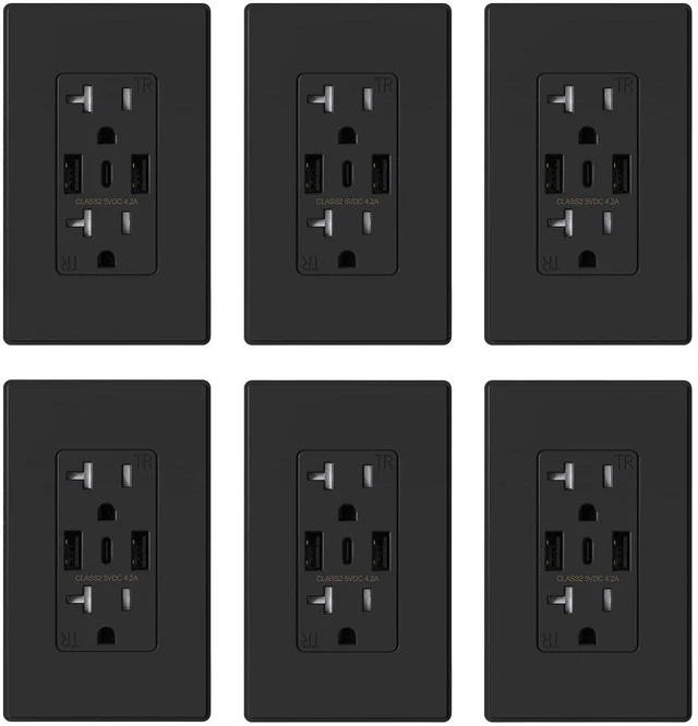 Main image of USB Wall Outlets, 3-Ports C Wall Outlets Receptacles, Matte Black 20 Amp Outlets with USB Ports, TR Tamper-Resistant Outlets, Screwless Wall Plate Included, UL & CUL Listed, 6 Pack
