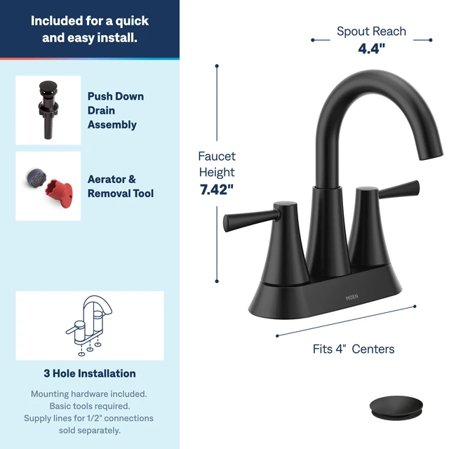 Alt view image 3 of 7 - Ronan Matte Black Two-Handle 4" Centerset Modern Bathroom Faucet with Push-Down Drain, 84022BL