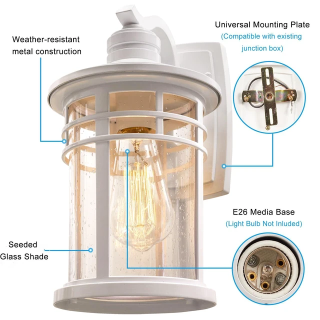 Alt view image 3 of 7 - Outdoor Porch Lights Wall Mount, Outdoor Light Fixtures Sconces Wall Lighting with Seeded Glass Waterproof Exterior Lights for Patio Yard House Hallway Doorway Garage(2 Pack, White)