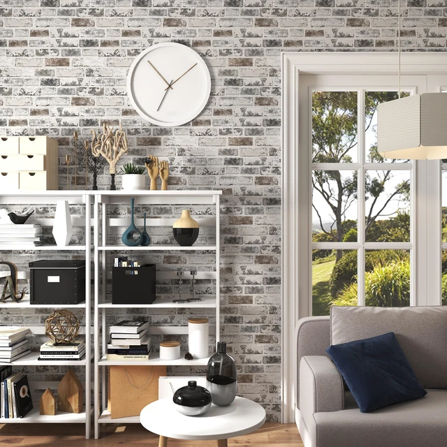 Alt view image 4 of 7 - Brick Peel and Stick Wallpaper 17.3"x197" 3D Brick Wallpaper Self Adhesive Removable Wallpaper Grey and White Textured Vintage Contact Paper for Fireplace Kitchen Home Decoration Vinyl