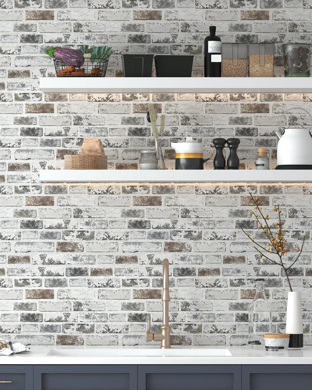 Alt view image 6 of 7 - Brick Peel and Stick Wallpaper 17.3"x197" 3D Brick Wallpaper Self Adhesive Removable Wallpaper Grey and White Textured Vintage Contact Paper for Fireplace Kitchen Home Decoration Vinyl