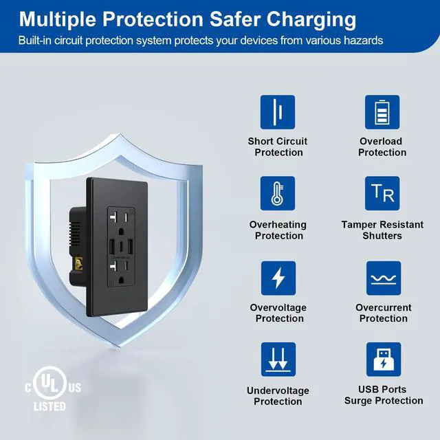 Alt view image 5 of 7 - USB Wall Outlets, 3-Ports C Wall Outlets Receptacles, Matte Black 20 Amp Outlets with USB Ports, TR Tamper-Resistant Outlets, Screwless Wall Plate Included, UL & CUL Listed, 6 Pack