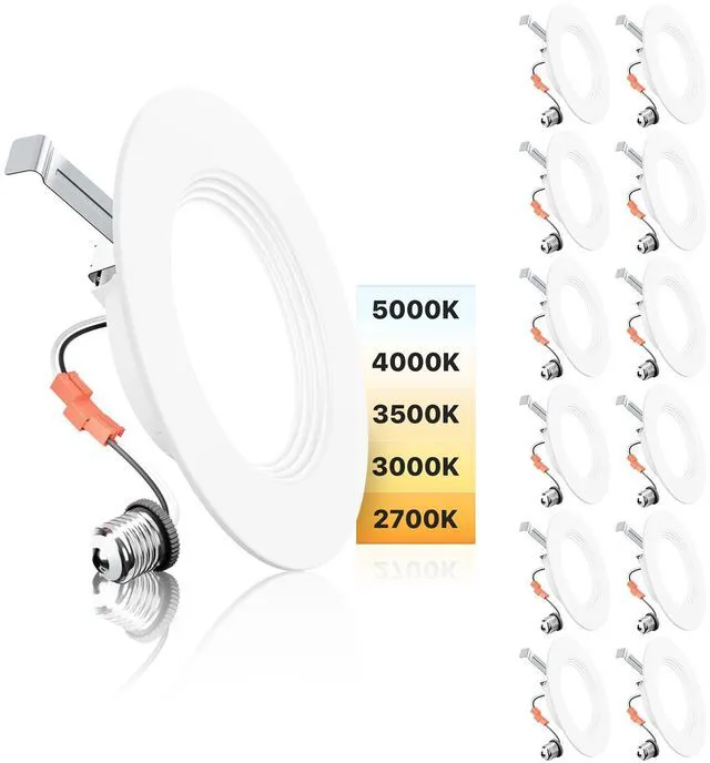 Main image of 5/6 Inch LED Recessed Can Lights, 5CCT, 9W, 1000LM, 12 Pack Retrofit Baffle Trim, 5%-100% Dimmable, 2700K-5000K Selectable CCT, Damp&IC Rated, ETL&FCC Certified, Quick E26 Install