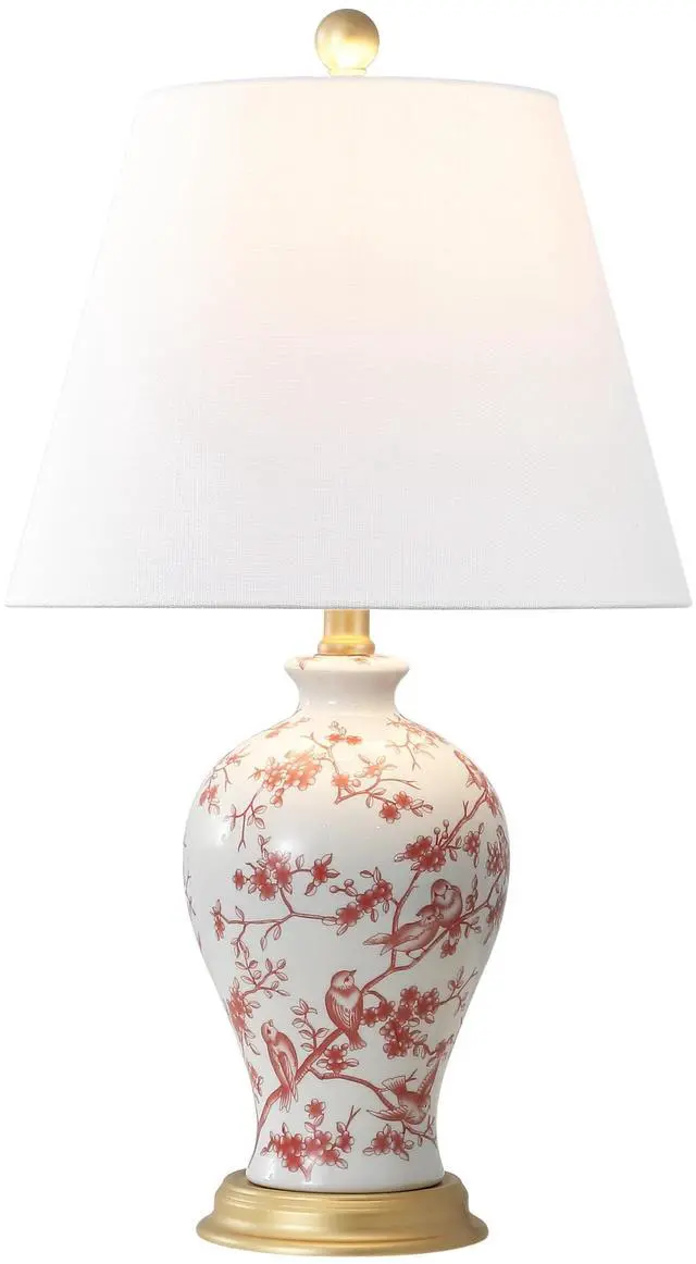 Main image of Grace 24" French Country Floral Urn Ceramic Lamp, White/Red Chinoiserie Ginger Jar, French Country Cottage Style, Linen Shade, Gold Metal Base, LED Bulb Included