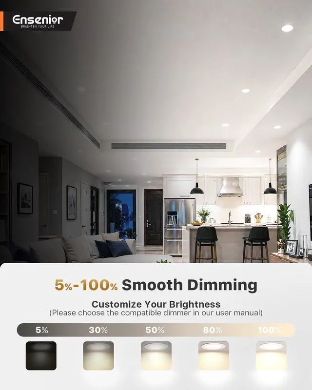 Alt view image 5 of 7 - 5/6 Inch LED Recessed Can Lights, 5CCT, 9W, 1000LM, 12 Pack Retrofit Baffle Trim, 5%-100% Dimmable, 2700K-5000K Selectable CCT, Damp&IC Rated, ETL&FCC Certified, Quick E26 Install