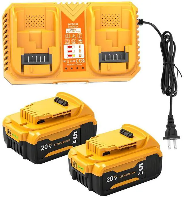 Main image of 2Packs 5.0Ah Battery Replacement for Dewalt 20v Battery with DCB102 Battery Charger Station (Yellow)