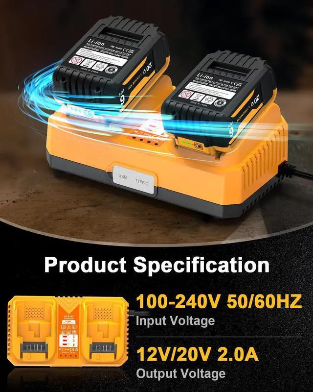 Alt view image 2 of 7 - 2Packs 5.0Ah Battery Replacement for Dewalt 20v Battery with DCB102 Battery Charger Station (Yellow)