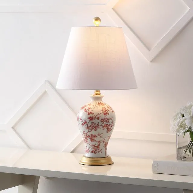 Alt view image 2 of 6 - Grace 24" French Country Floral Urn Ceramic Lamp, White/Red Chinoiserie Ginger Jar, French Country Cottage Style, Linen Shade, Gold Metal Base, LED Bulb Included