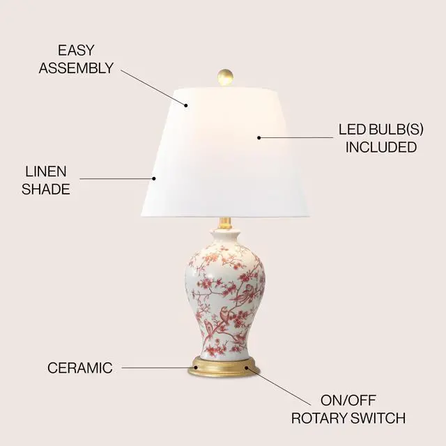 Alt view image 3 of 6 - Grace 24" French Country Floral Urn Ceramic Lamp, White/Red Chinoiserie Ginger Jar, French Country Cottage Style, Linen Shade, Gold Metal Base, LED Bulb Included