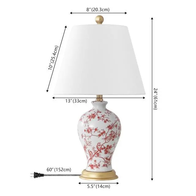 Alt view image 4 of 6 - Grace 24" French Country Floral Urn Ceramic Lamp, White/Red Chinoiserie Ginger Jar, French Country Cottage Style, Linen Shade, Gold Metal Base, LED Bulb Included