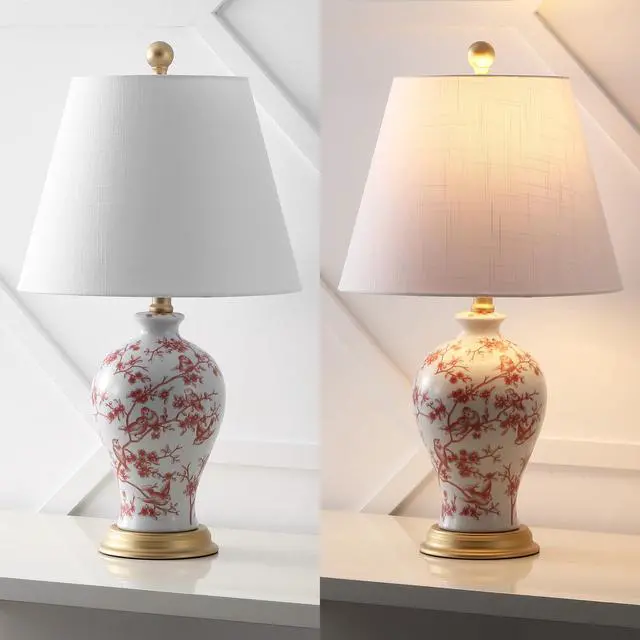 Alt view image 5 of 6 - Grace 24" French Country Floral Urn Ceramic Lamp, White/Red Chinoiserie Ginger Jar, French Country Cottage Style, Linen Shade, Gold Metal Base, LED Bulb Included