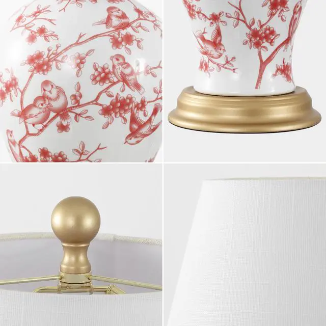 Alt view image 6 of 6 - Grace 24" French Country Floral Urn Ceramic Lamp, White/Red Chinoiserie Ginger Jar, French Country Cottage Style, Linen Shade, Gold Metal Base, LED Bulb Included