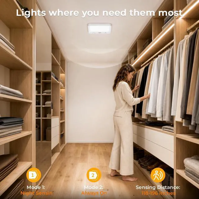 Alt view image 3 of 7 - Rechargeable Motion Sensor Ceiling Light, Wireless Remote, 4-Pack Wireless LED Shower Light, 8000mAh Battery Long Lasting Closet Light, 3 Color Dimmable, Timer, No Wiring for Hallway Pantry