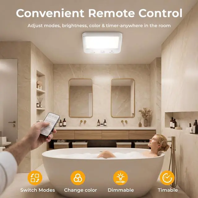 Alt view image 5 of 7 - Rechargeable Motion Sensor Ceiling Light, Wireless Remote, 4-Pack Wireless LED Shower Light, 8000mAh Battery Long Lasting Closet Light, 3 Color Dimmable, Timer, No Wiring for Hallway Pantry