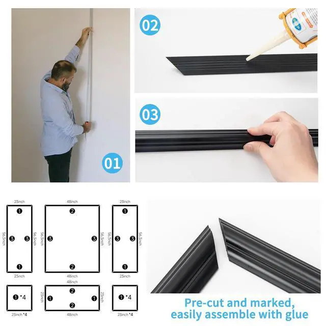 Alt view image 6 of 7 - Pre-Cut Wall Molding Set of 6 pcs, 3 Top 3 Bottom, Black Ready-to-Assemble Wainscoting Panel, High-Impact, Precision Pre-Cut, DIY-Friendly, Ideal for Indoor Wall Decor, Accent Walls