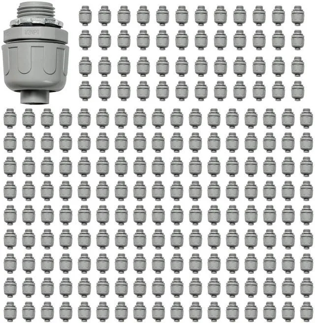 Main image of Conduit Connectors, 1/2 Inch, Straight, Grey, 200-Pack Liquid Tight Connector, NPT, Non-Metallic, for PVC Electrical Flexible Conduit Fittings, 180 Degree, UL Listed