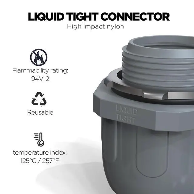 Alt view image 2 of 6 - Conduit Connectors, 1/2 Inch, Straight, Grey, 100-Pack Liquid Tight Connector, NPT, Non-Metallic, for PVC Electrical Flexible Conduit Fittings, 180 Degree, UL Listed