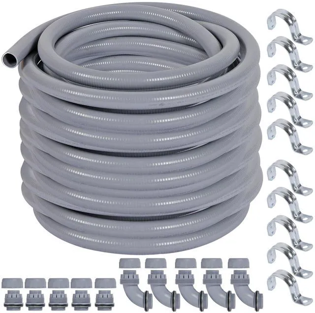 Main image of Liquid-Tight Conduit and Connector Kit 1/2inch 150ft UL Certification, Flexible Non Metallic Liquid Tight Electrical Conduit, Electrical Conduit Kit w/5 Straight,5 Angle Fittings