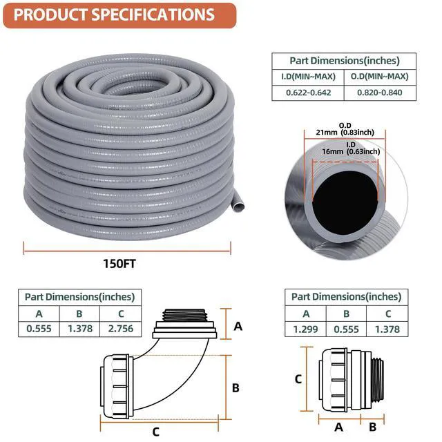 Alt view image 2 of 7 - Liquid-Tight Conduit and Connector Kit 1/2inch 150ft UL Certification, Flexible Non Metallic Liquid Tight Electrical Conduit, Electrical Conduit Kit w/5 Straight,5 Angle Fittings
