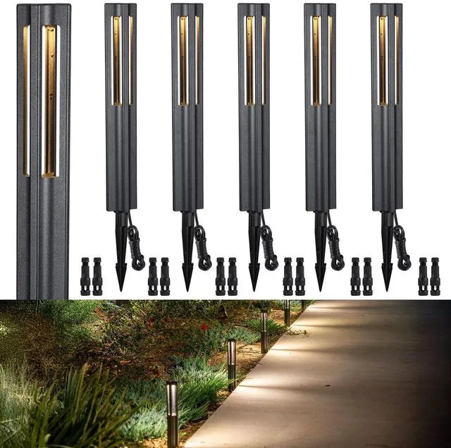Main image of 6-Pack 3W LED Low Voltage Path Lights Aluminum 3000K Black Landscape Pathway Lights, Outdoor Landscape Lighting for Driveway, Garden, 12-24V AC/DC, ETL, IP65 Waterproof, Warm White