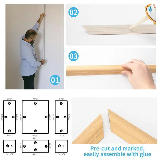 Alt view image 6 of 7 - Pre-Cut Wall Molding Set of 6 pcs, 3 Top 3 Bottom, Oak Ready-to-Assemble Wainscoting Panel, High-Impact, Precision Pre-Cut, DIY-Friendly, Ideal for Indoor Wall Decor, Accent Walls