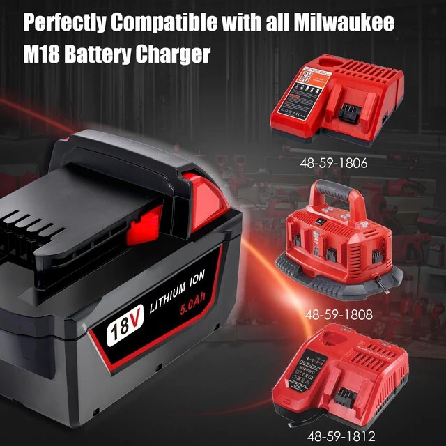 Alt view image 2 of 7 - 2 Pack Replace for Milwaukee M18 Battery 5.0ah and Charger Combo,Compatible with Milwaukee M18 Cordless Power Tools 18V Lithium Battery 48-11-1850 48-11-1840 48-11-1860