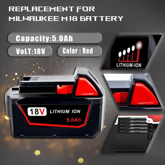 Alt view image 3 of 7 - 2 Pack Replace for Milwaukee M18 Battery 5.0ah and Charger Combo,Compatible with Milwaukee M18 Cordless Power Tools 18V Lithium Battery 48-11-1850 48-11-1840 48-11-1860