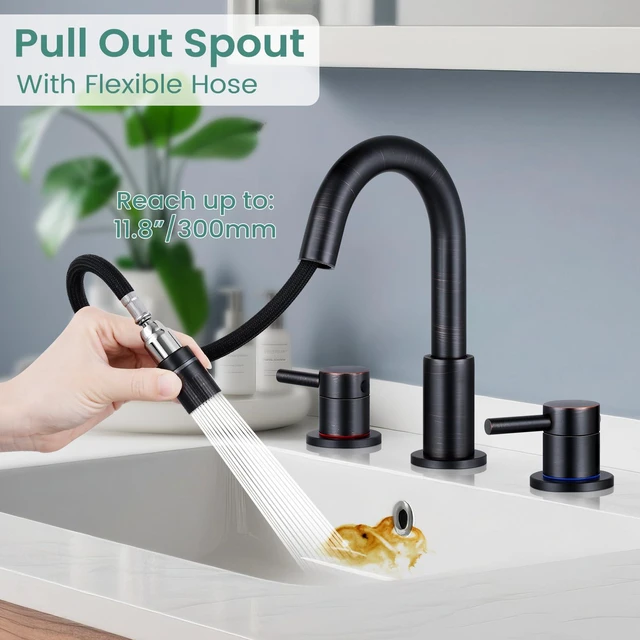 Alt view image 2 of 7 - Bathroom Faucet 3 Hole with Pull Down Sprayer, Oil Rubbed Bronze Lead-free stainless steel, pop-up drain, 2-handle, 360°swivel, 8-inch widespread Faucet for RV/vanity sink, 3-hole mount