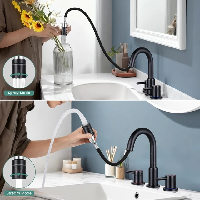 Alt view image 3 of 7 - Bathroom Faucet 3 Hole with Pull Down Sprayer, Oil Rubbed Bronze Lead-free stainless steel, pop-up drain, 2-handle, 360°swivel, 8-inch widespread Faucet for RV/vanity sink, 3-hole mount